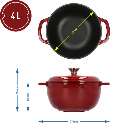 Smaltovaný liatinový hrniec - bordový, 4 L - 4 ['liatinové hrnce', ' smaltované liatinové hrnce', ' liatinové nádoby', ' výhody liatinových nádob', ' smaltovaná liatina', ' varenie v liatinovom hrnci', ' liatinový hrniec so smaltom', ' hrniec v farbe ecru', ' hrniec v bordovej farbe', ' hrniec v šalviovej farbe', ' prečo sa oplatí variť v liatinových hrncoch', ' na darček', ' aké liatinové hrnce vybrať']