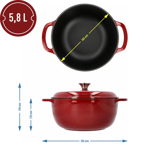 Smaltovaný liatinový hrniec - bordový, 5,8L - 4 ['liatinové hrnce', ' smaltované liatinové hrnce', ' liatinové nádoby', ' výhody liatinových nádob', ' smaltovaná liatina', ' varenie v liatinovom hrnci', ' liatinový hrniec so smaltom', ' hrniec v farbe ecru', ' hrniec v bordovej farbe', ' hrniec v šalviovej farbe', ' prečo variť v liatinových hrncoch', ' na darček', ' aké liatinové hrnce vybrať']