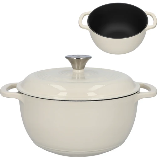 Smaltovaný liatinový hrniec - ecru, 4 L  - 1 ['liatinové hrnce', ' smaltované liatinové hrnce', ' liatinové nádoby', ' výhody liatinových nádob', ' smaltovaná liatina', ' varenie v liatinovom hrnci', ' liatinový hrniec so smaltom', ' hrniec v farbe ecru', ' hrniec v bordovej farbe', ' hrniec v šalviovej farbe', ' prečo sa oplatí variť v liatinových hrncoch', ' na darček', ' aké liatinové hrnce vybrať']