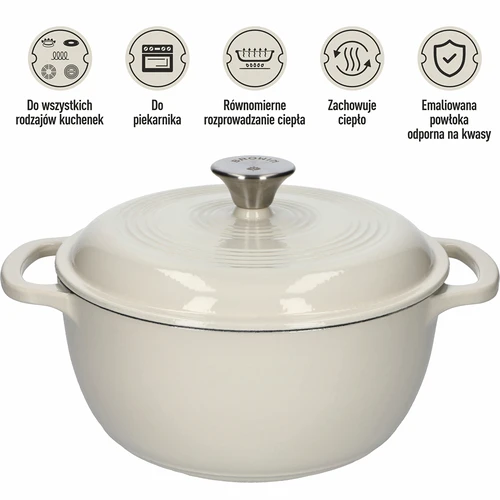 Smaltovaný liatinový hrniec - ecru, 4 L - 5 ['liatinové hrnce', ' smaltované liatinové hrnce', ' liatinové nádoby', ' výhody liatinových nádob', ' smaltovaná liatina', ' varenie v liatinovom hrnci', ' liatinový hrniec so smaltom', ' hrniec v farbe ecru', ' hrniec v bordovej farbe', ' hrniec v šalviovej farbe', ' prečo sa oplatí variť v liatinových hrncoch', ' na darček', ' aké liatinové hrnce vybrať']