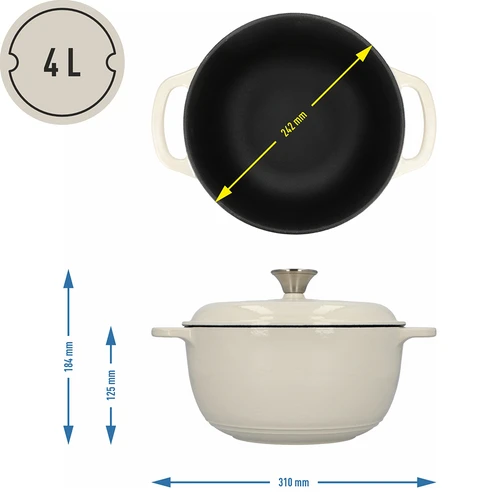 Smaltovaný liatinový hrniec - ecru, 4 L - 4 ['liatinové hrnce', ' smaltované liatinové hrnce', ' liatinové nádoby', ' výhody liatinových nádob', ' smaltovaná liatina', ' varenie v liatinovom hrnci', ' liatinový hrniec so smaltom', ' hrniec v farbe ecru', ' hrniec v bordovej farbe', ' hrniec v šalviovej farbe', ' prečo sa oplatí variť v liatinových hrncoch', ' na darček', ' aké liatinové hrnce vybrať']