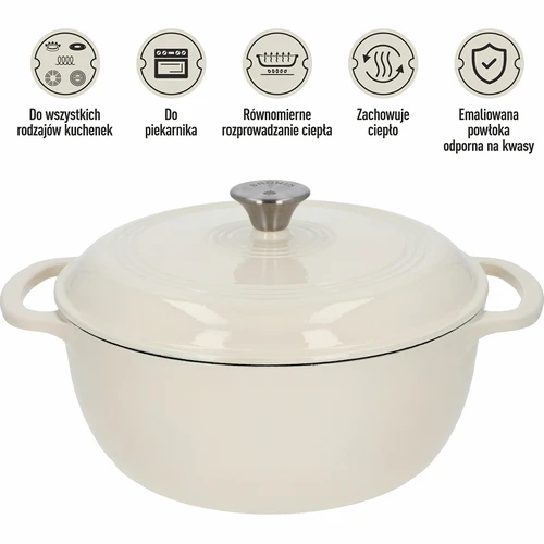 Smaltovaný liatinový hrniec - ecru, 5,8L - 5 ['liatinové hrnce', ' smaltované liatinové hrnce', ' liatinové nádoby', ' výhody liatinových nádob', ' smaltovaná liatina', ' varenie v liatinovom hrnci', ' liatinový hrniec so smaltom', ' hrniec v farbe ecru', ' hrniec v bordovej farbe', ' hrniec v šalviovej farbe', ' prečo variť v liatinových hrncoch', ' na darček', ' aké liatinové hrnce vybrať']