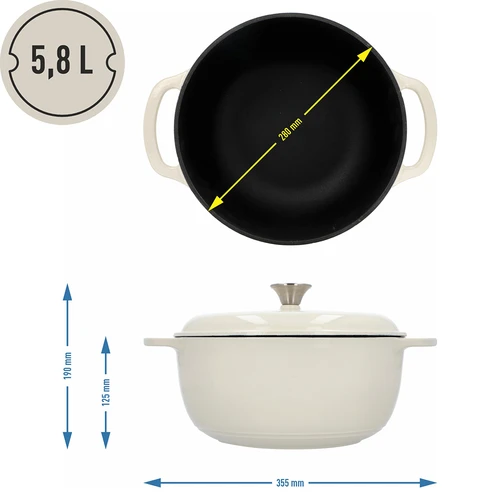 Smaltovaný liatinový hrniec - ecru, 5,8L - 4 ['liatinové hrnce', ' smaltované liatinové hrnce', ' liatinové nádoby', ' výhody liatinových nádob', ' smaltovaná liatina', ' varenie v liatinovom hrnci', ' liatinový hrniec so smaltom', ' hrniec v farbe ecru', ' hrniec v bordovej farbe', ' hrniec v šalviovej farbe', ' prečo variť v liatinových hrncoch', ' na darček', ' aké liatinové hrnce vybrať']