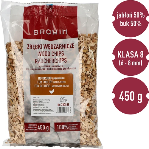 Štiepky na údenie/grilovanie, 50% jabloň + 50% buk, 450 g, kl. 8 - 2 ['údenárske štiepky', ' štiepky na údenie', ' štiepky na gril', ' štiepky na grilovanie', ' údenársky dym', ' štiepky na hydinu', ' štiepky jabloň a buk', ' štiepky mix na hydinu', ' mix štiepok z jablone a buku', ' štiepky na údenie kurčaťa', ' štiepky do údiarne', ' údenie hydinového mäsa', ' grilovanie hydiny']