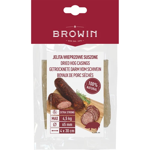 Sušené bravčové črevá kaliber 65 mm, 30 cm - 4 ks  - 1 ['prírodné črevá', ' bravčové črevá', ' sušené črevá', ' mäsové obaly', ' obaly na klobásy', ' črevá na klobásy', ' na údenú klobásu', ' na parenú klobásu', ' domáca údenina', ' domáca klobása', ' krakovská klobása', ' živiecka klobása']