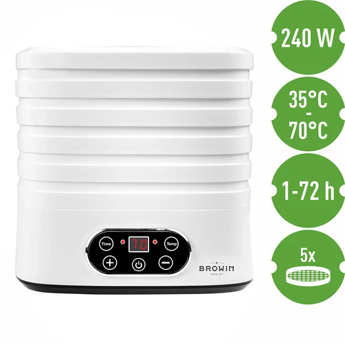 Sušička na huby, ovocie, zeleninu a bylinky s reguláciou teploty, 240W, biela - 9 ['sušička na potraviny', ' sušička na huby', ' sušené ovocie', ' sušená zelenina', ' skladovanie potravín', ' sušenie potravín', ' sušičky na potraviny', ' regulácia teploty', ' dehydrátor']
