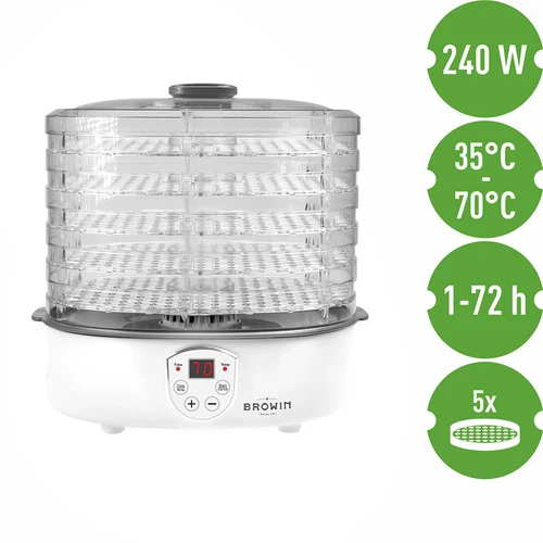 Sušička na huby, ovocie, zeleninu a bylinky s reguláciou teploty, 240W, transparentná - 7 ['sušička na potraviny', ' sušička na huby', ' sušené ovocie', ' sušená zelenina', ' skladovanie potravín', ' sušenie potravín', ' sušičky na potraviny', ' regulácia teploty', ' transparentná sušička', ' dehydrátor']