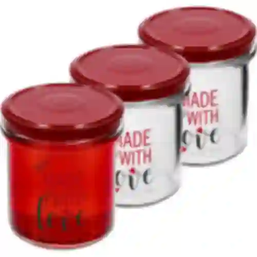 Jednoduchý pohár 346ml fi 82 s farebnou potlačou "Made With Love" a bordovým viečkom, 3 ks.