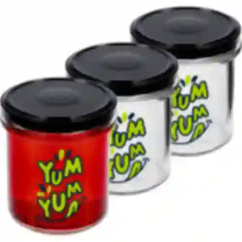 Jednoduchý pohár 346ml fi 82 s farebnou potlačou "Yum Yum" a čiernym viečkom, 3 ks.