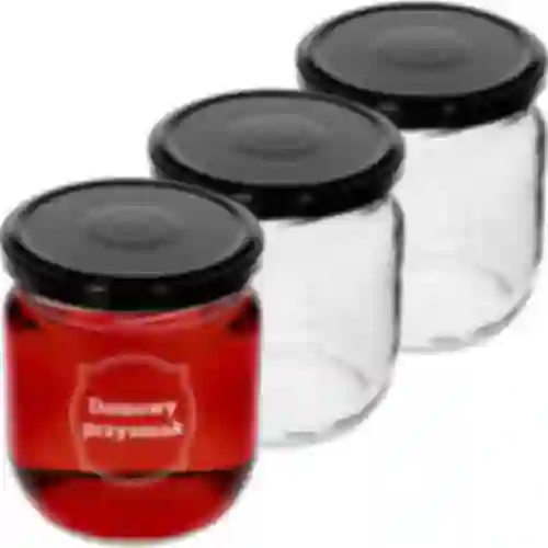 Pohár TO 425ml s potlačou „Domáca pochúťka” a čiernym viečkom fi 82 - 3ks.