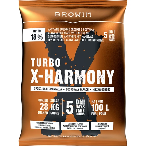 Turbo kvasnice X-Harmony 18%, 100 L, 360g  - 1 ['kvasnice liehovarnícke', ' kvasnice na alkohol', ' turbo kvasnice', ' kvasnice harmony', ' kvasnice 18%', ' kvasnice na pálenku', ' na samohon', ' kvasnice liehovarnícke na 100 litrov', ' nastavenie 100L', ' čistá fermentácia', ' cukrovky', ' na nastavenia', ' na nastavenia z cukru', ' pokojná fermentácia', ' pekná vôňa počas fermentácie', ' stabilná fermentácia', ' ľahké čírenie', ' destilácia', ' kvasnice x', ' kvasnice Browin', ' kvasnice 18%', ' kvasnice alco', ' kvasnice alko', ' odporúčané kvasnice', ' kvasnice vysokej kvality', ' sušené kvasnice s výživou', ' ľahké čírenie nastavenia']