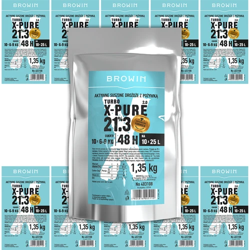 Turbo kvasnice X-Pure 21,3%, 10 x 25 L, 1,35 kg - 6 ['liehovarské kvasnice', ' kvasnice na alkohol', ' turbo kvasnice', ' kvasnice pure', ' kvasnice 21', '3%', ' kvasnice na pálenku', ' na samohon', ' liehovarské kvasnice na 10 x 25 L', ' nastavenie 48 h', ' čistá fermentácia', ' cukrovky', ' na vysokopercentné nastavenia', ' na nastavenia z cukru', ' vysoký percent alkoholu', ' destilácia', ' viac ako 21%', ' rýchla fermentácia', ' kvasnice Browin', ' kvasnice 21%', ' kvasnice alco', ' kvasnice alko', ' silné kvasnice', ' čistá fermentácia', ' kvasnice veľké balenie']