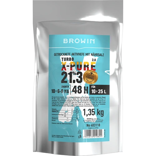 Turbo kvasnice X-Pure 21,3 %, 10x25L - 1,35kg  - 1 ['kvasnice liehovarnícke', ' kvasnice na alkohol', ' turbo kvasnice', ' kvasnice pure', ' kvasnice 21', '3%', ' kvasnice na pálenku', ' na samohon', ' kvasnice liehovarnícke na 10 x 25 L', ' nastavenie 48 h', ' čistá fermentácia', ' cukrovky', ' na vysokopercentné nastavenia', ' na nastavenia z cukru', ' vysoký percent alkoholu', ' destilácia', ' viac ako 21%', ' rýchla fermentácia', ' kvasnice Browin', ' kvasnice 21%', ' kvasnice alco', ' kvasnice alko', ' silné kvasnice', ' čistá fermentácia', ' kvasnice veľké balenie']