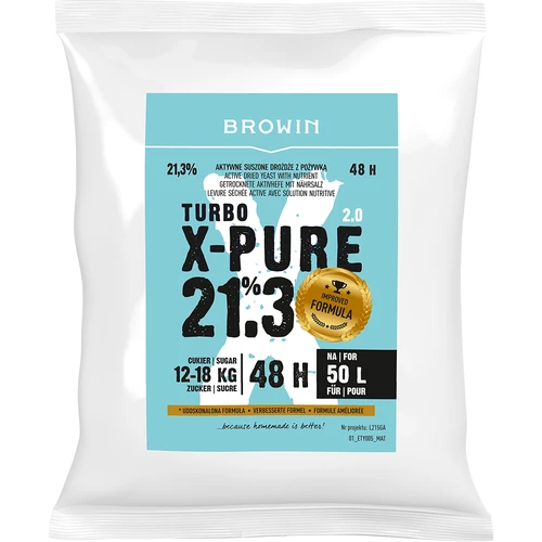 Turbo kvasnice X-Pure 21,3%, 50 L  - 1 ['kvasnice liehovarnícke', ' kvasnice na alkohol', ' turbo kvasnice', ' kvasnice pure', ' kvasnice 21', '3%', ' kvasnice na pálenku', ' na samohon', ' kvasnice liehovarnícke na 50 L', ' nastavenie 50 L', ' čistá fermentácia', ' cukrovky', ' na vysokopercentné nastavenia', ' na nastavenia z cukru', ' vysoký percent alkoholu', ' destilácia', ' viac ako 21%', ' rýchla fermentácia', ' kvasnice Browin', ' kvasnice 21%', ' kvasnice alco', ' kvasnice alko', ' silné kvasnice', ' čistá fermentácia']