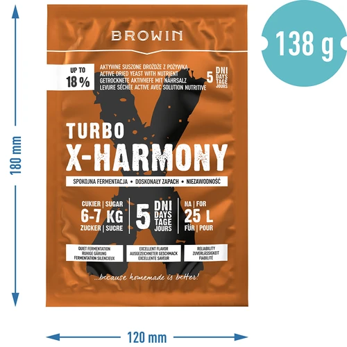 Turbo X-Harmony 18% lievito, 25 L, 138 g - 6 ['lievito liehovarnícke', ' lievito na alkohol', ' turbo lievito', ' lievito harmony', ' lievito 18%', ' lievito na bimber', ' na samohon', ' lievito liehovarnícke na 25 litrov', ' nastavenie 25L', ' čistá fermentácia', ' cukrovky', ' na nastavenia', ' na nastavenia z cukru', ' pokojná fermentácia', ' pekná vôňa počas fermentácie', ' stabilná fermentácia', ' ľahké čírenie', ' destilácia', ' lievito x', ' lievito Browin', ' lievito 18%', ' lievito alco', ' lievito alko', ' odporúčané lievito', ' lievito vysokej kvality', ' sušené lievito s výživou', ' ľahké čírenie nastavenia']