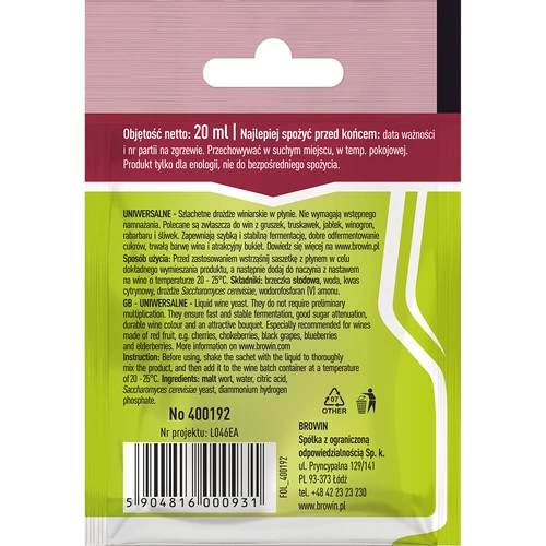Univerzálne vínne kvasnice bez množenia, 20 ml - 2 ['vínne kvasnice v tekutej forme', ' kvasnice bez množenia', ' kvasnice browin', ' kvasnice na biele a červené vína', ' jahodové víno', ' jablkové víno', ' rebarborové víno', ' slivkové víno', ' aké kvasnice', ' víno 15 %']