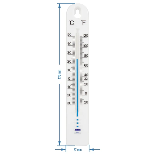 Univerzálny teplomer (-30 do +50°C), 17 cm, biely - 2 ['teplomer', ' univerzálny teplomer', ' teplomer z plastu', ' teplomer čitateľná stupnica', ' teplomer s dvojitou stupnicou v °C a °F', ' teplomer do miestností s vysokou vlhkosťou', ' vonkajší teplomer do -30°C', ' teplomer odolný voči vlhkosti', ' teplomer v bielej farbe', ' pevný teplomer']