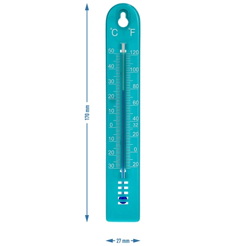 Univerzálny teplomer (-30 do +50°C), 17 cm, modrý - 4 ['teplomer', ' univerzálny teplomer', ' teplomer z plastu', ' teplomer čitateľná stupnica', ' teplomer s dvojitou stupnicou v °C a °F', ' teplomer do miestností s vysokou vlhkosťou', ' vonkajší teplomer do -30°C', ' teplomer odolný voči vlhkosti', ' teplomer v modrej farbe', ' pevný teplomer']