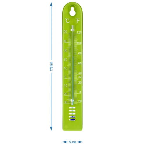 Univerzálny teplomer (-30 do +50°C), 17 cm, zelený - 4 ['teplomer', ' univerzálny teplomer', ' teplomer z plastu', ' teplomer čitateľná stupnica', ' teplomer s dvojitou stupnicou v °C a °F', ' teplomer do miestností s vysokou vlhkosťou', ' vonkajší teplomer do -30°C', ' teplomer odolný voči vlhkosti', ' teplomer v zelenej farbe', ' pevný teplomer']