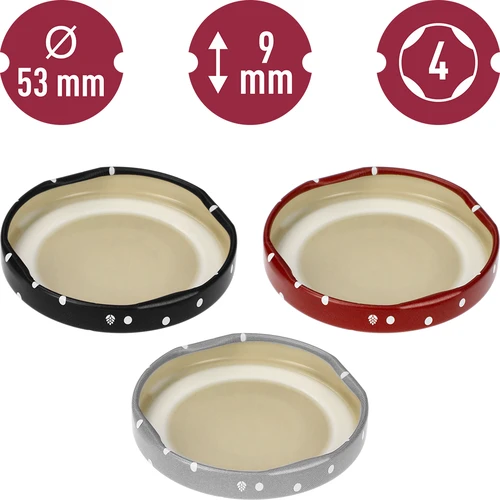 Uzáver fi 53 bodky mix - 10 ks. - 10 ['uzáver', ' uzáver s bodkami', ' uzávery na poháre', ' uzávery s bodkami', ' malé uzávery', ' uzávery na zaváraniny', ' uzávery na poháre', ' farebné uzávery', ' ozdobné uzávery', ' ozdobné uzávery']