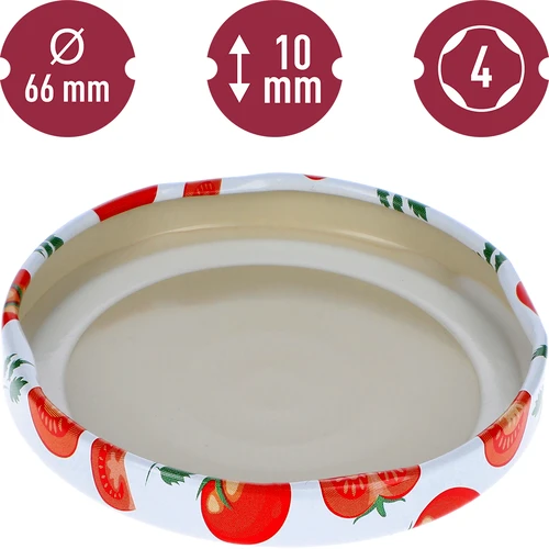 Uzávera fi 66/4 s paradajkami - 10 ks. - 4 ['biela uzávera', ' farebný vzor paradajok', ' pasterizácia', ' kontrola procesu', ' skladovanie', ' veľkosť fi Paradajky 66', ' ozdoba špajze', ' uzávery na pasterizáciu', ' uzávery zelenina', ' uzávery paradajok']