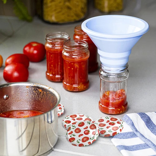 Uzávery fi 82/6 paradajky - 10 ks. - 4 ['biela uzávera', ' farebný vzor paradajok', ' pasterizácia', ' kontrola procesu', ' skladovanie', ' veľkosť fi Paradajky 82', ' ozdoba špajze', ' uzávery na pasterizáciu', ' uzávery zelenina', ' uzávery paradajok']