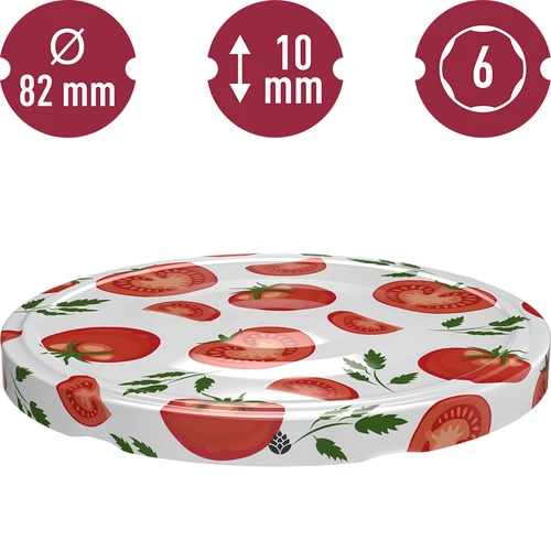Uzávery fi 82/6 paradajky - 10 ks. - 3 ['biela uzávera', ' farebný vzor paradajok', ' pasterizácia', ' kontrola procesu', ' skladovanie', ' veľkosť fi Paradajky 82', ' ozdoba špajze', ' uzávery na pasterizáciu', ' uzávery zelenina', ' uzávery paradajok']