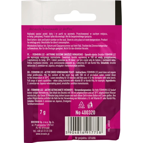 Vinárske kvasnice Fermivin LS2, 7 g - 2 ['ušľachtilé kvasnice', ' vinárske kvasnice', ' sušené vinárske kvasnice', ' Fermivin LS2', ' kvasnice na červené vína', ' na ružové vína', ' na šumivé vína', ' kvasnice na reštart vína', ' kvasnice na reštart fermentácie', ' kvasnice na fermentáciu']
