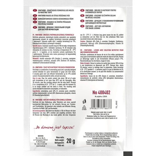 ViniTurbo - kvasnice na rýchlu fermentáciu, 20 g - 2 ['kvasnice s výživou', ' vínne kvasnice s výživou', ' vinárske kvasnice s výživou', ' kvasnice a výživa na víno', ' výživa na víno', ' aktívne sušené vinárske kvasnice', ' vínne kvasnice', ' kvasnice na víno', ' vinárske kvasnice', ' sušené vinárske kvasnice', ' sušené kvasnice', ' sušené kvasnice na víno', ' kvasnice na červené víno', ' kvasnice na biele víno', ' kvasnice na ružové víno']