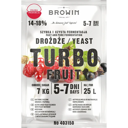 Vínne kvasnice Turbo Fruit 5-7 dní  - 1 ['kvasnice na alkohol', ' kvasnice na lieh', ' kvasnice na pálenku', ' kvasnice na samohon', ' kvasnice na mesačný svit', ' pálenka', ' samohon', ' mesačný svit']