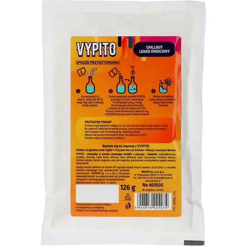 VYPITO 12%, sáčok na 18 drinkov - Chillout jemne ovocný, 126 g - 2 ['na drinky', ' na alkohol', ' rýchla fermentácia', ' zmes na výrobu nápojov', ' ideálne na drinky', ' na výrobu alkoholu', ' soft drinky', ' DIY alkohol', ' nápoje drinky DIY', ' domáce drinky', ' alkohol ručne vyrobený', ' alkoholické koktaily', ' na nápoje s percentami', ' Energy drink', ' ochutené drinky', ' chillout', ' alkohol na párty', ' domáce percentá', ' domáce nápoje', ' kvasnice s výživou', ' domáca fermentácia kvasníc']