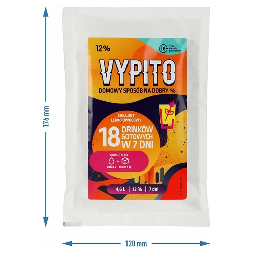 VYPITO 12%, sáčok na 18 drinkov - Chillout jemne ovocný, 126 g - 4 ['na drinky', ' na alkohol', ' rýchla fermentácia', ' zmes na výrobu nápojov', ' ideálne na drinky', ' na výrobu alkoholu', ' soft drinky', ' DIY alkohol', ' nápoje drinky DIY', ' domáce drinky', ' alkohol ručne vyrobený', ' alkoholické koktaily', ' na nápoje s percentami', ' Energy drink', ' ochutené drinky', ' chillout', ' alkohol na párty', ' domáce percentá', ' domáce nápoje', ' kvasnice s výživou', ' domáca fermentácia kvasníc']
