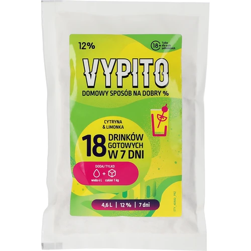 VYPITO 12%, sáčok na 18 drinkov - Citrón & limetka, 126 g  - 1 ['do drinkov', ' do alkoholu', ' rýchla fermentácia', ' zmes na výrobu nápojov', ' ideálne do drinkov', ' na výrobu alkoholu', ' soft drinky', ' DIY alkohol', ' nápoje drinky DIY', ' domáce drinky', ' alkohol ručne vyrobený', ' alkoholické koktaily', ' do nápojov s percentami', ' Energy drink', ' ochutené drinky', ' chillout', ' alkohol na párty', ' domáce percentá', ' domáce nápoje', ' kvasnice s výživou', ' domáca fermentácia kvasníc']
