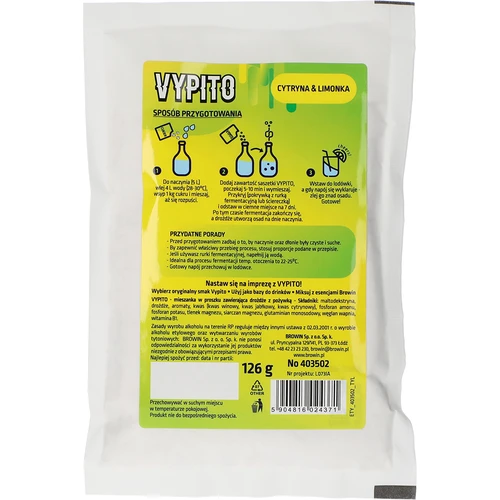 VYPITO 12%, sáčok na 18 drinkov - Citrón & limetka, 126 g - 2 ['do drinkov', ' do alkoholu', ' rýchla fermentácia', ' zmes na výrobu nápojov', ' ideálne do drinkov', ' na výrobu alkoholu', ' soft drinky', ' DIY alkohol', ' nápoje drinky DIY', ' domáce drinky', ' alkohol ručne vyrobený', ' alkoholické koktaily', ' do nápojov s percentami', ' Energy drink', ' ochutené drinky', ' chillout', ' alkohol na párty', ' domáce percentá', ' domáce nápoje', ' kvasnice s výživou', ' domáca fermentácia kvasníc']