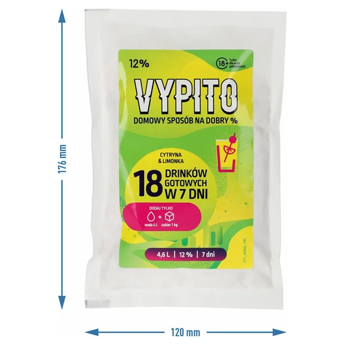 VYPITO 12%, sáčok na 18 drinkov - Citrón & limetka, 126 g - 4 ['do drinkov', ' do alkoholu', ' rýchla fermentácia', ' zmes na výrobu nápojov', ' ideálne do drinkov', ' na výrobu alkoholu', ' soft drinky', ' DIY alkohol', ' nápoje drinky DIY', ' domáce drinky', ' alkohol ručne vyrobený', ' alkoholické koktaily', ' do nápojov s percentami', ' Energy drink', ' ochutené drinky', ' chillout', ' alkohol na párty', ' domáce percentá', ' domáce nápoje', ' kvasnice s výživou', ' domáca fermentácia kvasníc']