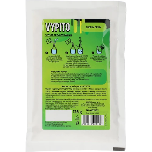 VYPITO 12%, sáčok na 18 drinkov - Energy drink, 126 g - 2 ['do drinkov', ' do alkoholu', ' rýchla fermentácia', ' zmes na výrobu nápojov', ' ideálne do drinkov', ' na výrobu alkoholu', ' soft drinky', ' DIY alkohol', ' nápoje drinky DIY', ' domáce drinky', ' alkohol hand made', ' alkoholické koktaily', ' do nápojov s percentami', ' Energy drink', ' ochutené drinky', ' chillout', ' alkohol na párty', ' domáce percentá', ' domáce nápoje', ' kvasnice s výživou', ' domáca fermentácia kvasníc', ' energy drink']
