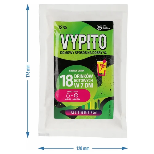 VYPITO 12%, sáčok na 18 drinkov - Energy drink, 126 g - 4 ['do drinkov', ' do alkoholu', ' rýchla fermentácia', ' zmes na výrobu nápojov', ' ideálne do drinkov', ' na výrobu alkoholu', ' soft drinky', ' DIY alkohol', ' nápoje drinky DIY', ' domáce drinky', ' alkohol hand made', ' alkoholické koktaily', ' do nápojov s percentami', ' Energy drink', ' ochutené drinky', ' chillout', ' alkohol na párty', ' domáce percentá', ' domáce nápoje', ' kvasnice s výživou', ' domáca fermentácia kvasníc', ' energy drink']